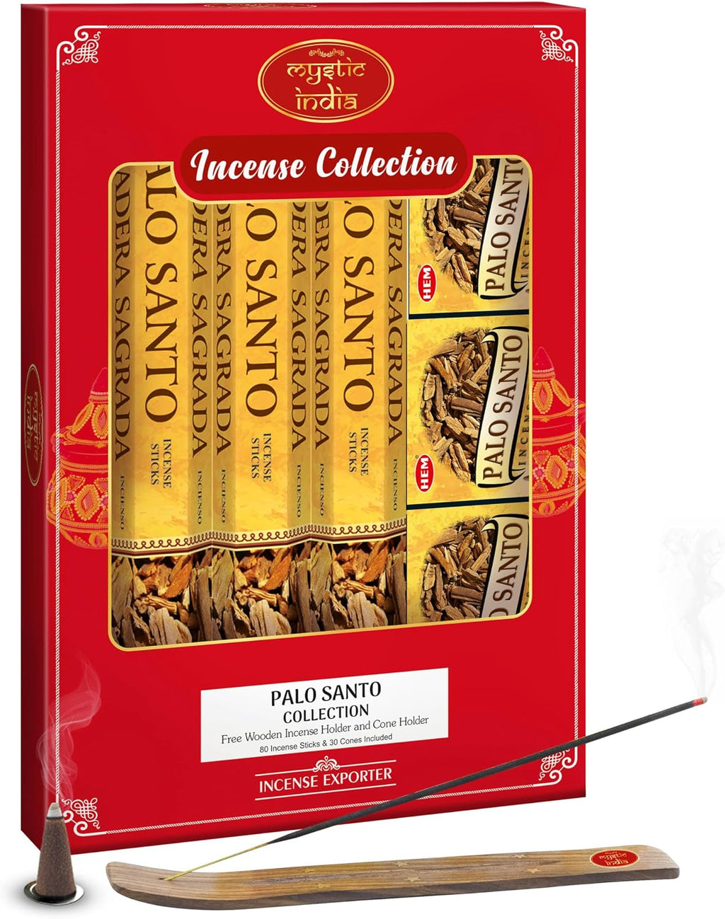 Mystic India - Hem Incense Palo Santo 4 Tube Hexa & 3 Box Cones with Free Incense Holder & Cone Holders