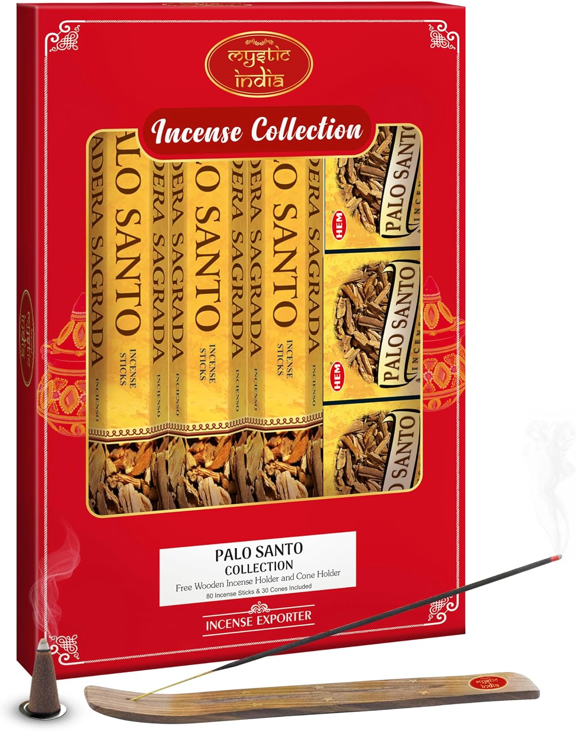 Mystic India - Hem Incense Palo Santo 4 Tube Hexa & 3 Box Cones with Free Incense Holder & Cone Holders