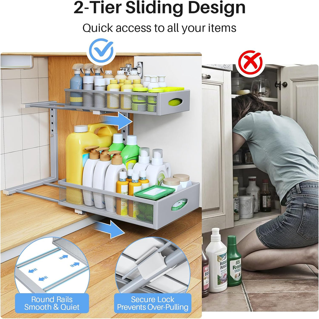 Under Sink Organizer, 2 Tier Pull Out Under Cabinet Organizer Shelf with Pad for Framed Cabinets, Metal Slide Out Under Sink Storage, Mesh Sliding Drawers for Kitchen Bathroom Laundry(Grey, 1 Pack)