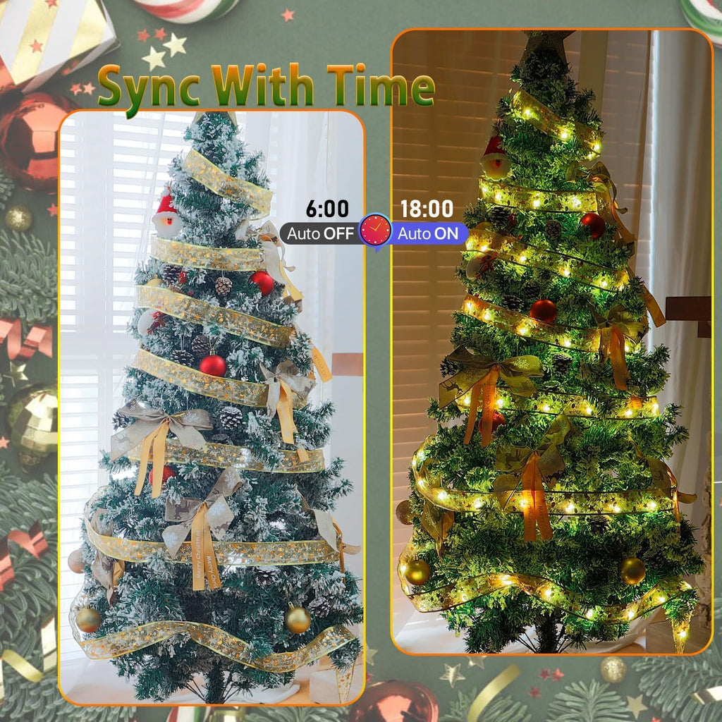 Smart Christmas Tree Ribbon String Lights, 33ft 80 Modes Colors Changing Ribbon Light for Christmas Tree, APP & Remote Control, Sync Musical, Timer, USB (Light Gold)