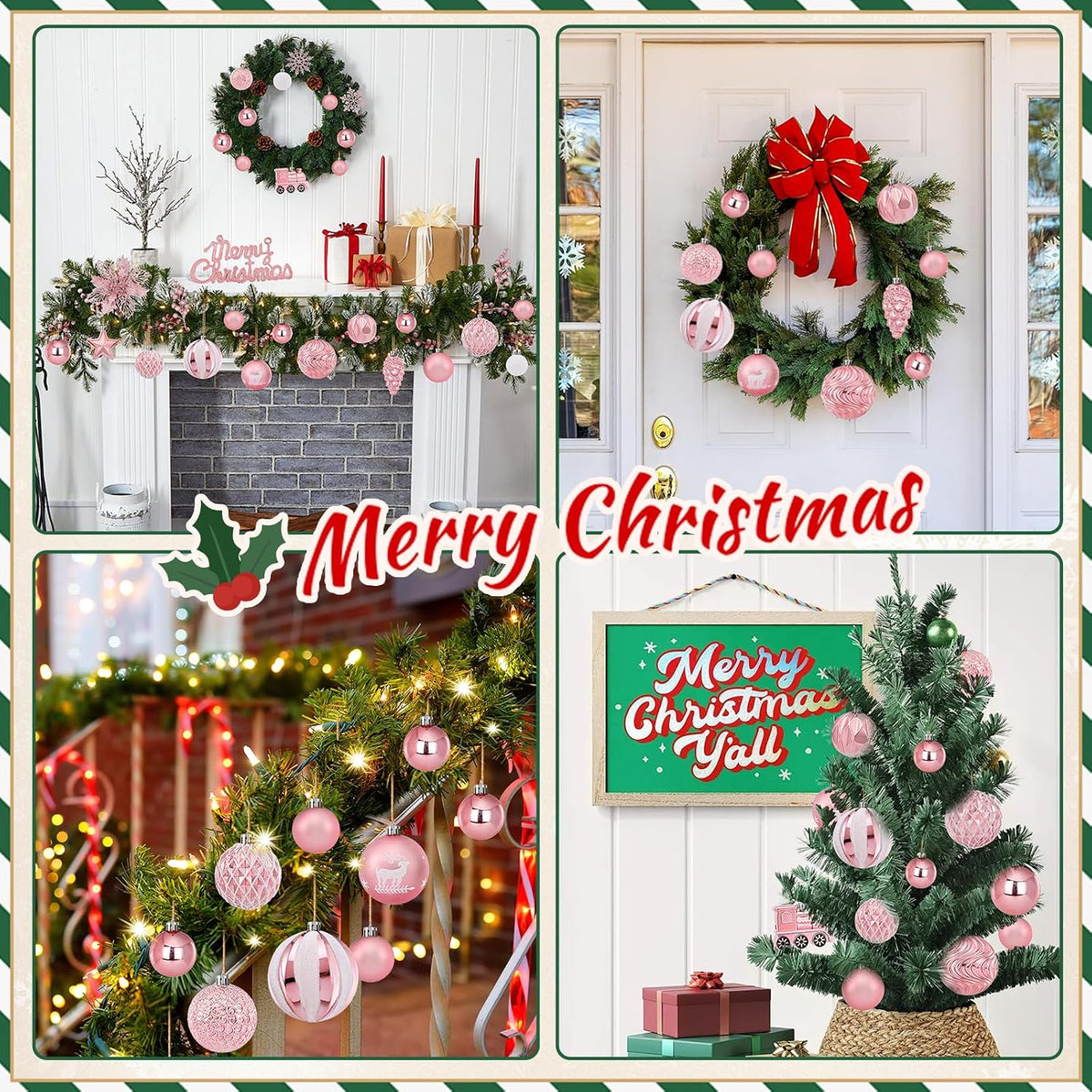 Ktinnead 94 Pcs Christmas Tree Decorations Set, Pink Shatterproof Christmas Tree Hanging Ball Ornaments with Glitter Poinsettia Flowers Decorations Berries Snowflakes for Xmas Party Holiday Wedding