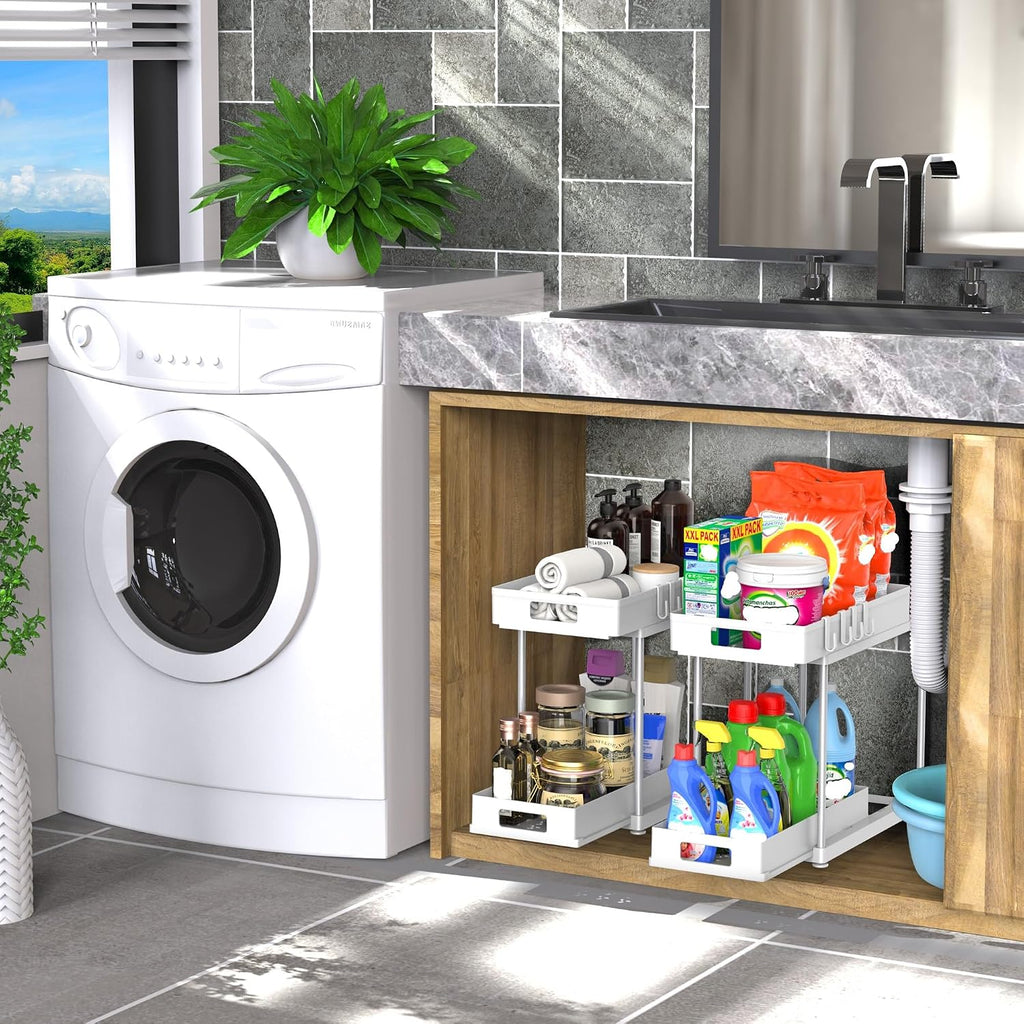 2 Pack Under Sink Organizer with Double Pull-Out Drawer, White