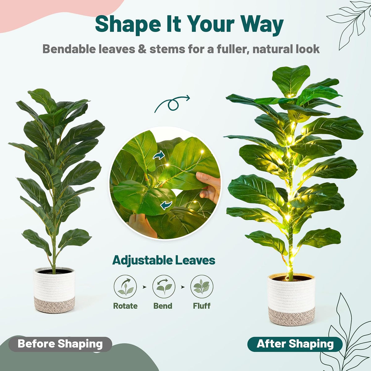 Der Rose 2 Pack 30" Artificial Plants with Lights, Fiddle Leaf Fig Trees
