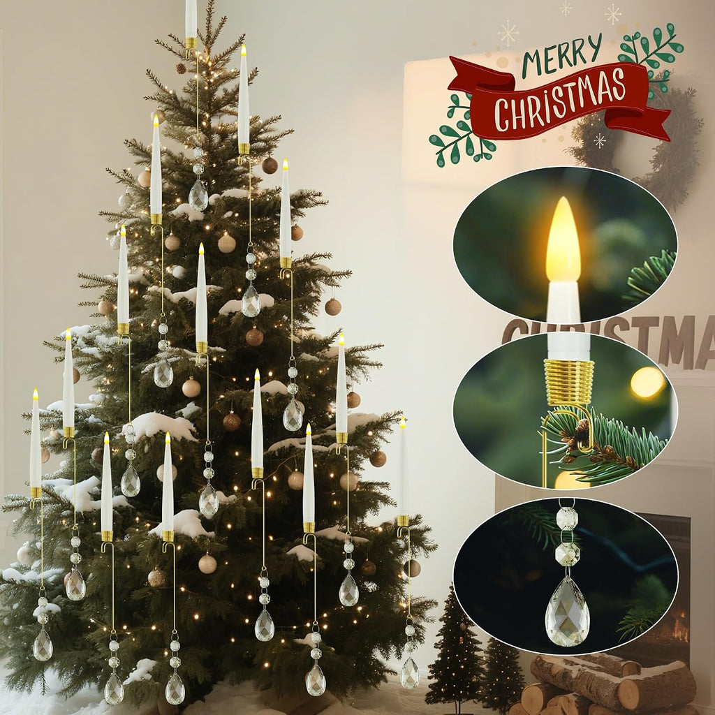 Christmas Tree Candles Battery Operated with Remote, Clip on Candles with Clear Waterdrop Ornaments & Hooks for XMAS Tree, Flickering LED Candlesticks for Winter New Year Home Party Decor, 10 Pcs