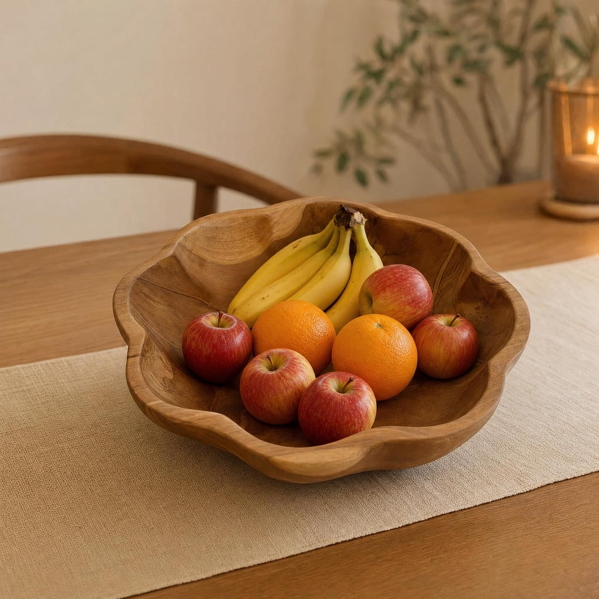 Decorative Wooden Bowl, Large Fruit Bowl for Kitchen Counter, Teak Wood