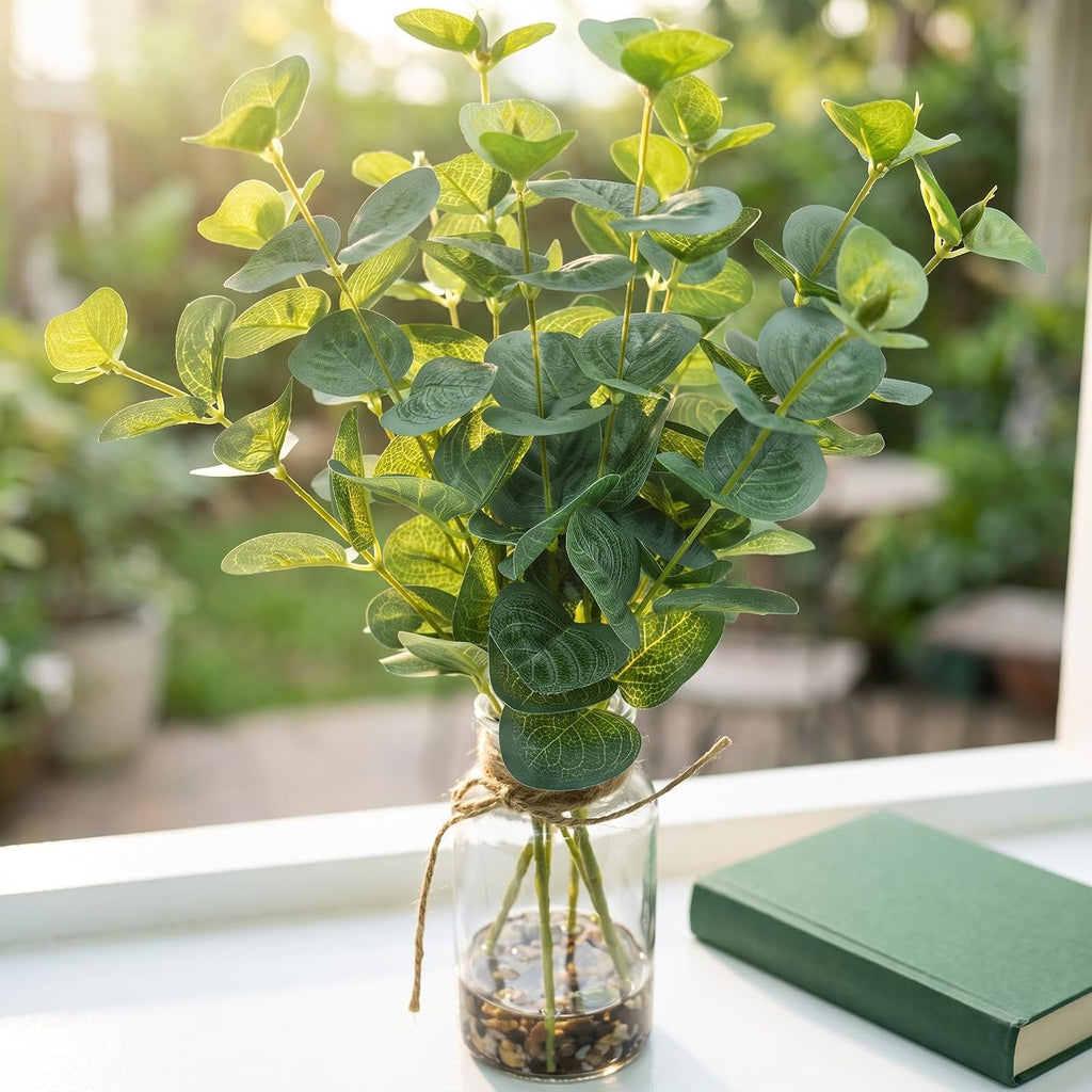 Artificial Eucalyptus Stems in Glass Vase with Faux Water, 13.5" Fake Plants for Home Decor, Office, Bathroom & Farmhouse Weddings - Faux Greenery Plants Decorations