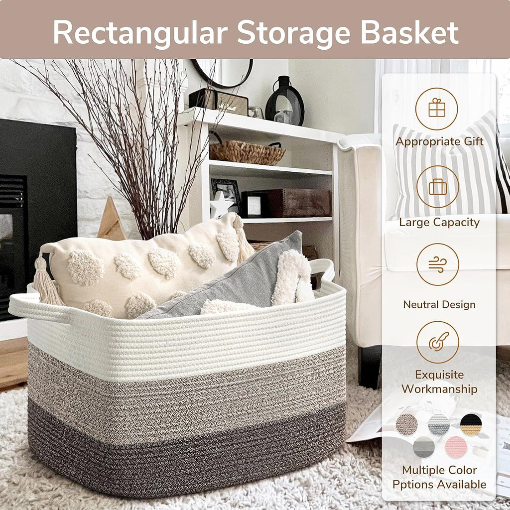 Goodpick Large Woven Rope Blanket Basket, Rectangle, White Brown