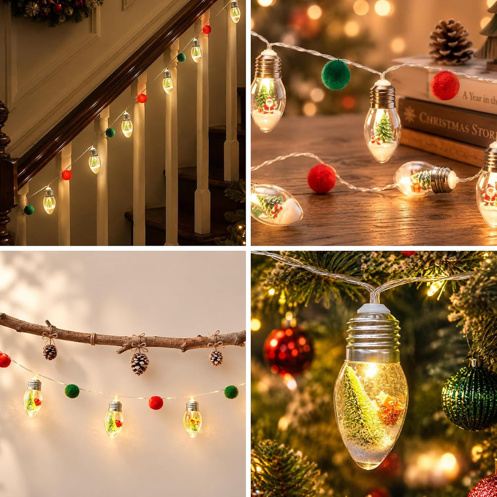 6.6FT Christmas Vintage Decor String Light - 10LED Snow Globe Bulbs String Lights with Tree & Snow & Cute Ornaments Christmas Indoor decorations for Home Patio Mantel Fireplace Xmas Tree Decoration