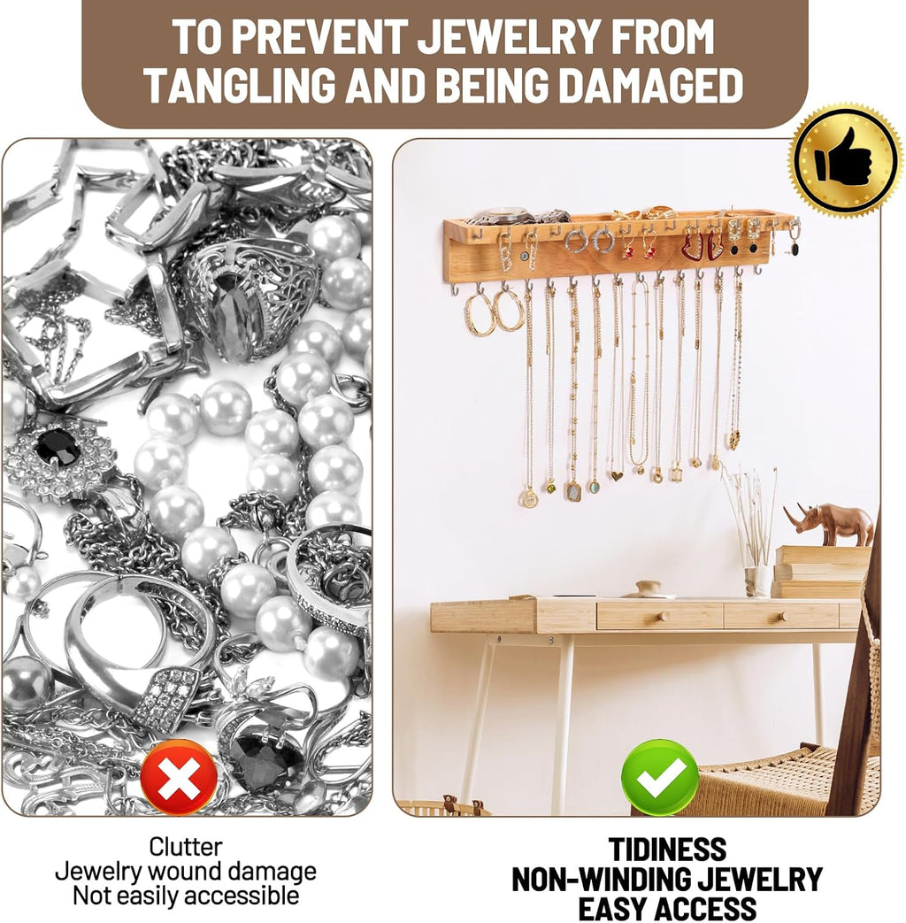 Necklace Holder Wall Mount,Jewelry Organizer with 30 Hooks,Natural Wood