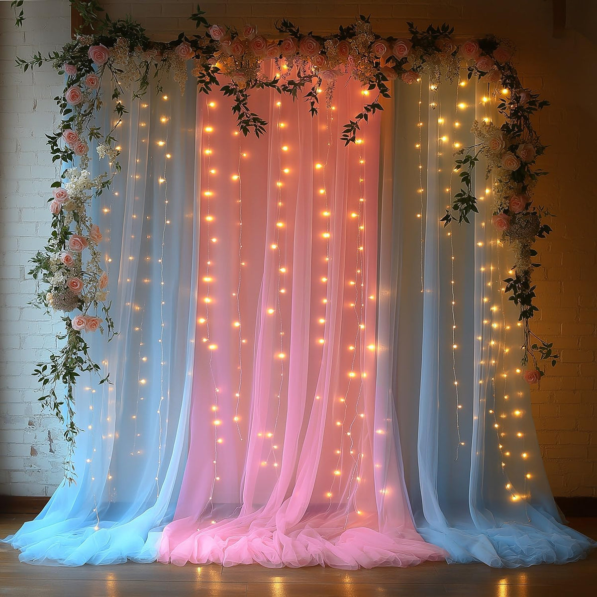 Pink and Blue Tulle Backdrop Curtains with Lights String – 2 Panels 5x8ft Sheer Backdrop for Gender Reveal, Baby Shower, Boy or Girl Birthday Party, Photo Shoot, Party Decorations