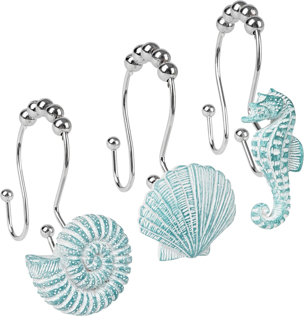 Sunlit Seashells Decorative Double Shower Curtain Hooks, Aqua Blue Ocean Creatures Coastal Shower Curtain Rings, Resin, Nautical Bathroom Decoration Beach Shower Curtain Hooks-12 Pack