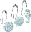Sunlit Seashells Decorative Double Shower Curtain Hooks, Aqua Blue Ocean Creatures Coastal Shower Curtain Rings, Resin, Nautical Bathroom Decoration Beach Shower Curtain Hooks-12 Pack