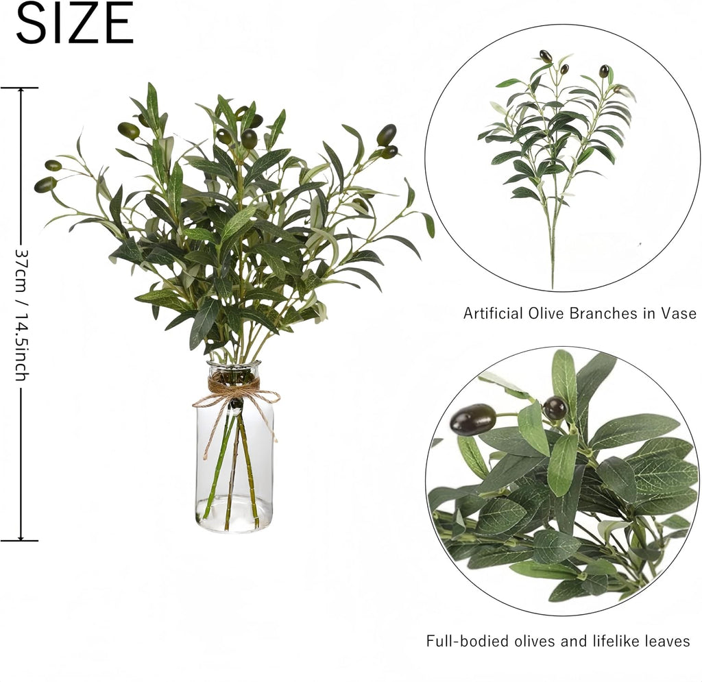 Artificial Plants Olive Branch in Glass Vase, 14.5” Fake Plant Greenery Stems with Olive Branches Faux Eucalyptus Stems for Home Office Farmhouse Wedding Table Centerpiece Décor