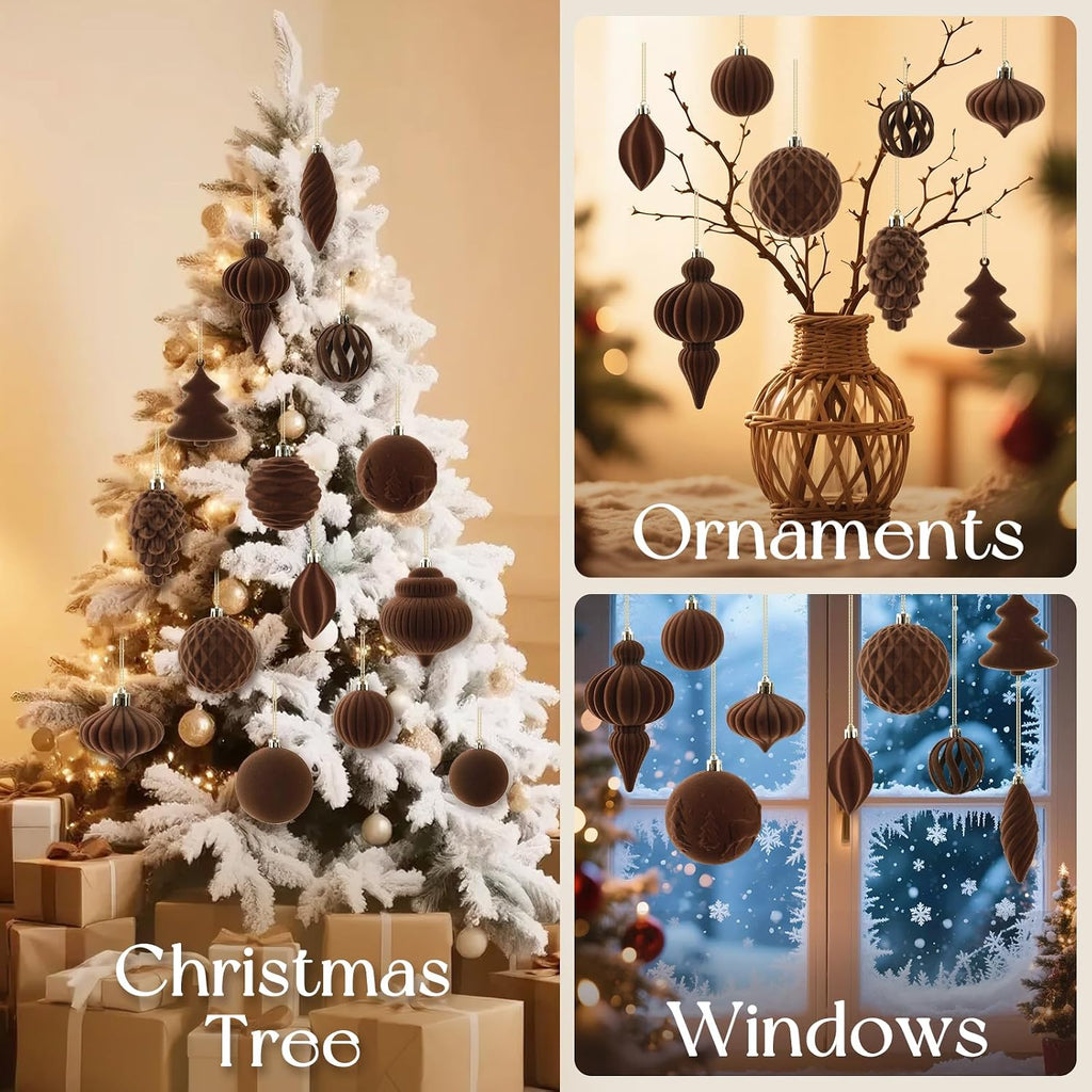18Pcs Velvet Christmas Tree Ornaments Set, Brown Flocked Hanging Christmas Balls Ornaments, Shatterproof Decorative Hanging Balls Vintage Decorations Assortment for Xmas Tree Holiday Home Party Decor