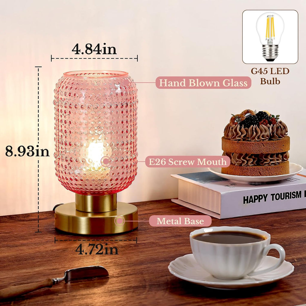 ZYER 8.9in Pink Table Lamp, Touch Control Bedside Lamp, Small Vintage Lamp