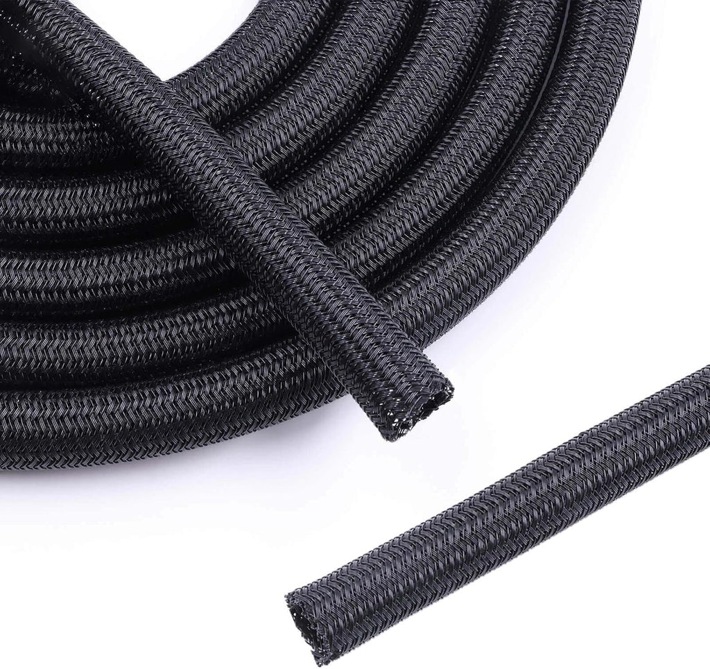 1/2" - 10Ft Split Braided Cable Sleeve, Wire Loom Tubing, Black