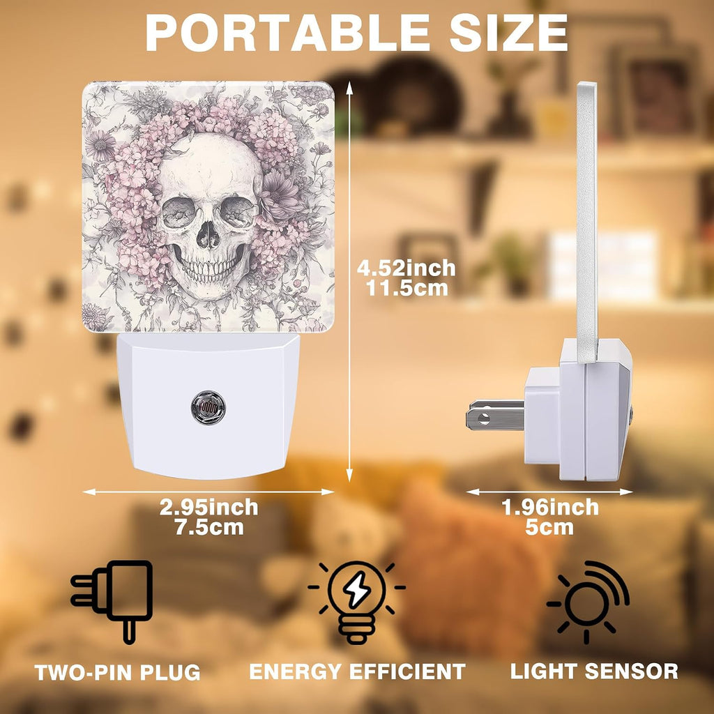Skull with Pink Flowers Night Light, Plug-in Nightlight with Dusk to Dawn Auto Sensor for Home Bedroom Hallway Kitchen 0.5W Sleep Friendly Led Lamp for Women Men