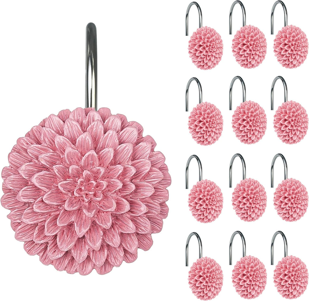 Sunlit Decorative Floral Shower Curtain Hooks, Dahlia Pinnata Flower Shower Curtain Rings, Resin, Bathroom Decoration Pink Shower Curtain Hooks-12 Pack
