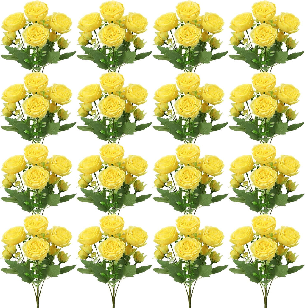16 Pack Yellow Peonies Artificial Flowers, Fake Silk Hydrangea Bouquet for Bridal Wedding Home Table Decor Reusable Dining Opening Ceremony Birthday Arrangement Faux Floral