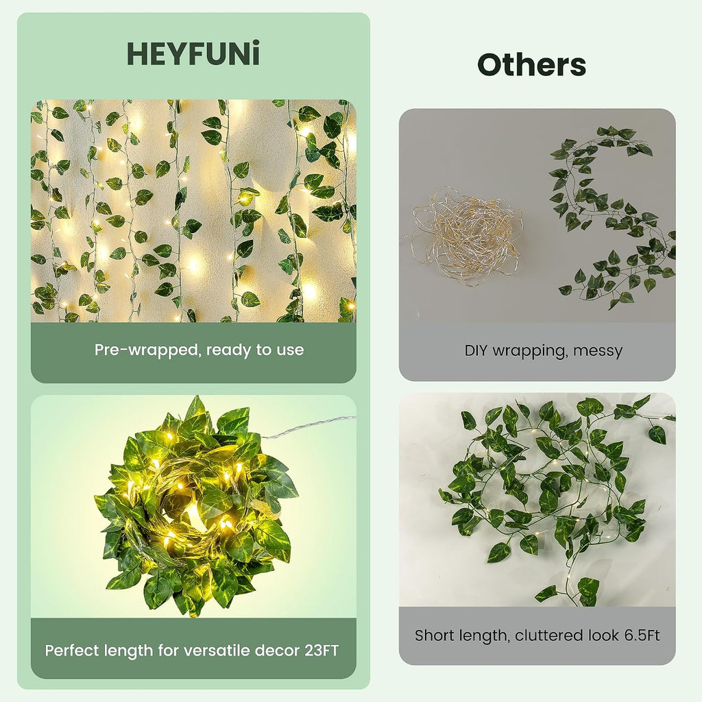 HEYFUNi Vines with Lights 23FT, Faux Pothos String Lights Plug in