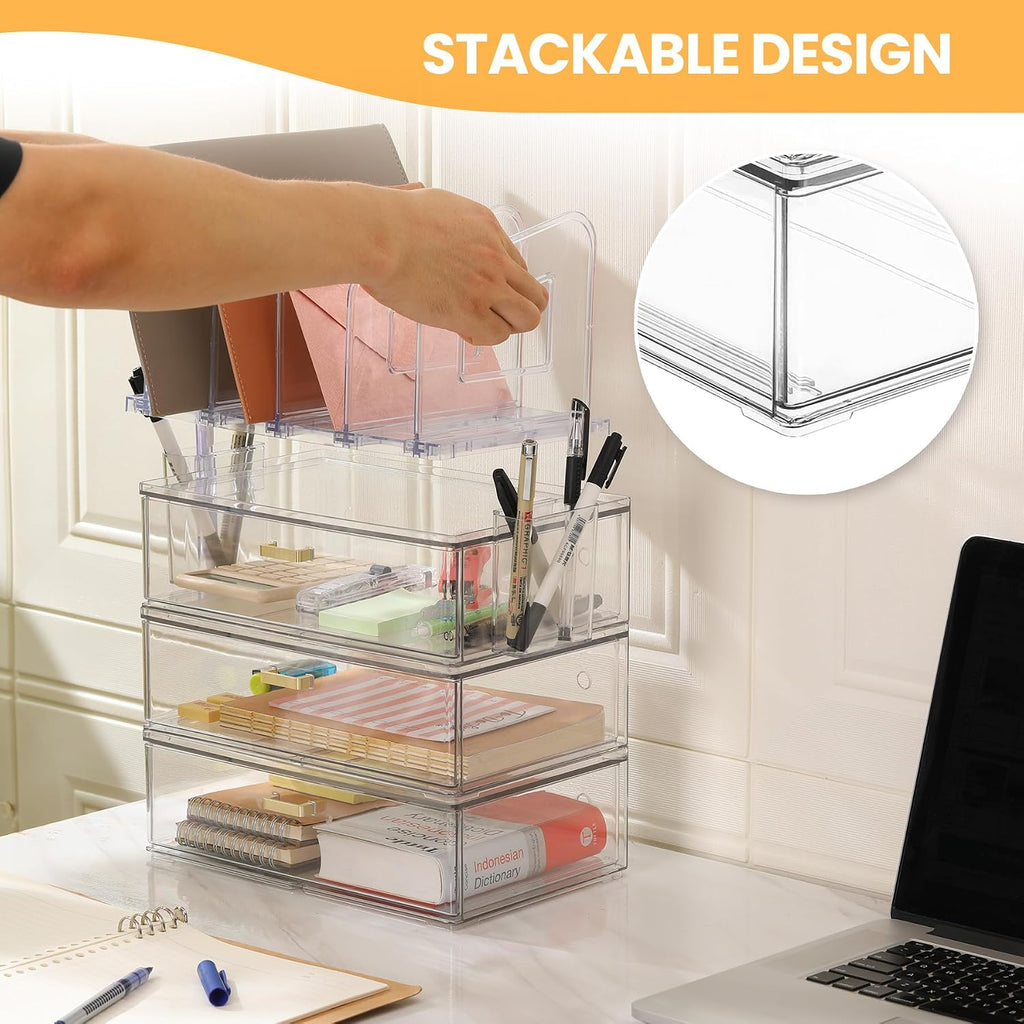 Acrylic Desk Organizer with 4-Vertical File Holder Rack, 3-Clear Drawer and 2 Pen Holders, Desktop Storage for Office Desk Accessories School Classroom Organization (Clear)