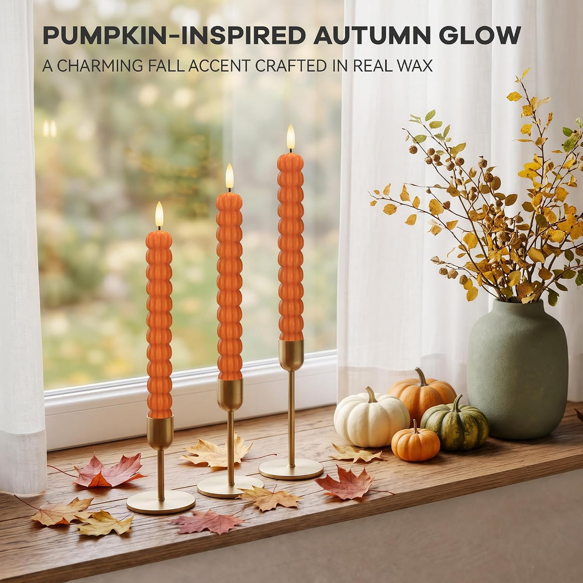 Pumpkin Taper Candles, Fall Flameless Candles, Halloween, Orange, Set of 3