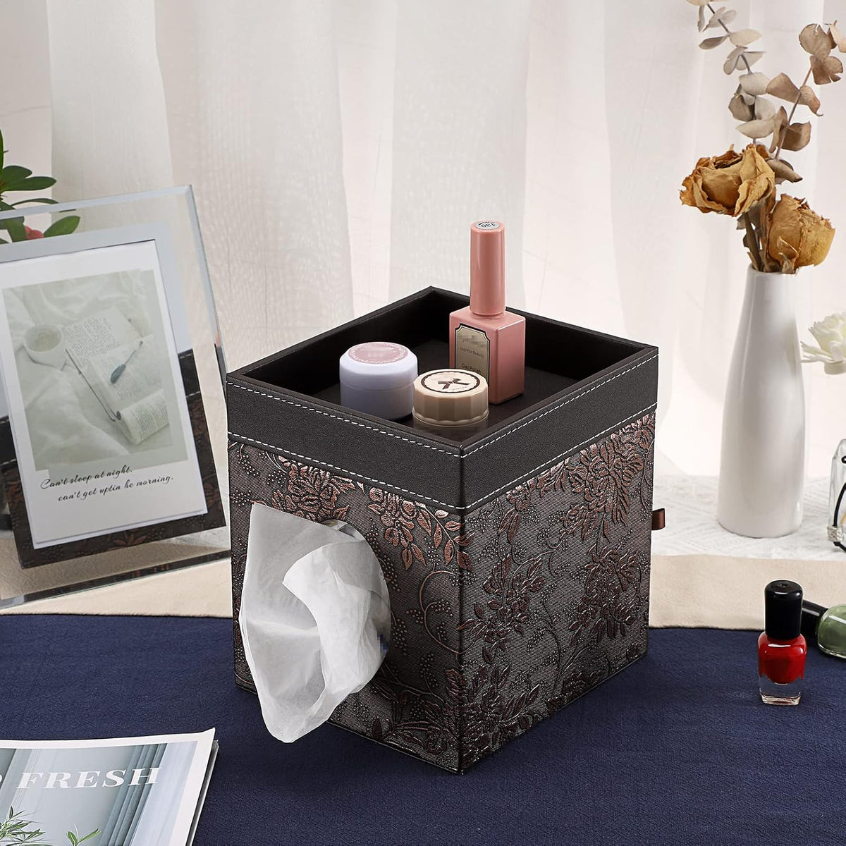 Sumnacon Leather Square Tissue Box Cover Cube Tissue Box Holder with Tray