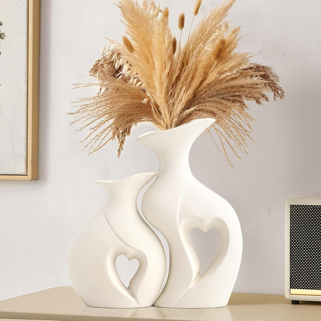 XL White Flower Vases, Nordic Heart Shaped Ceramic Set of 2