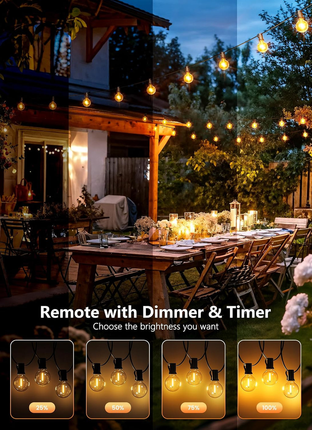 100Ft Outdoor String Lights with Remote, Dimmable G40 LED Bulbs, Waterproof