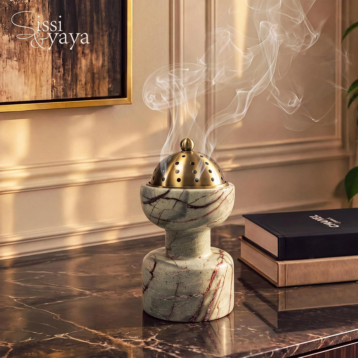 Natural Marble Incense Burner with Brass Accents 6.29 x 3.54 inches Multi-Purpose Holder for Cones/Sticks/Sage, Home Decor & Relaxation (Red Veins)