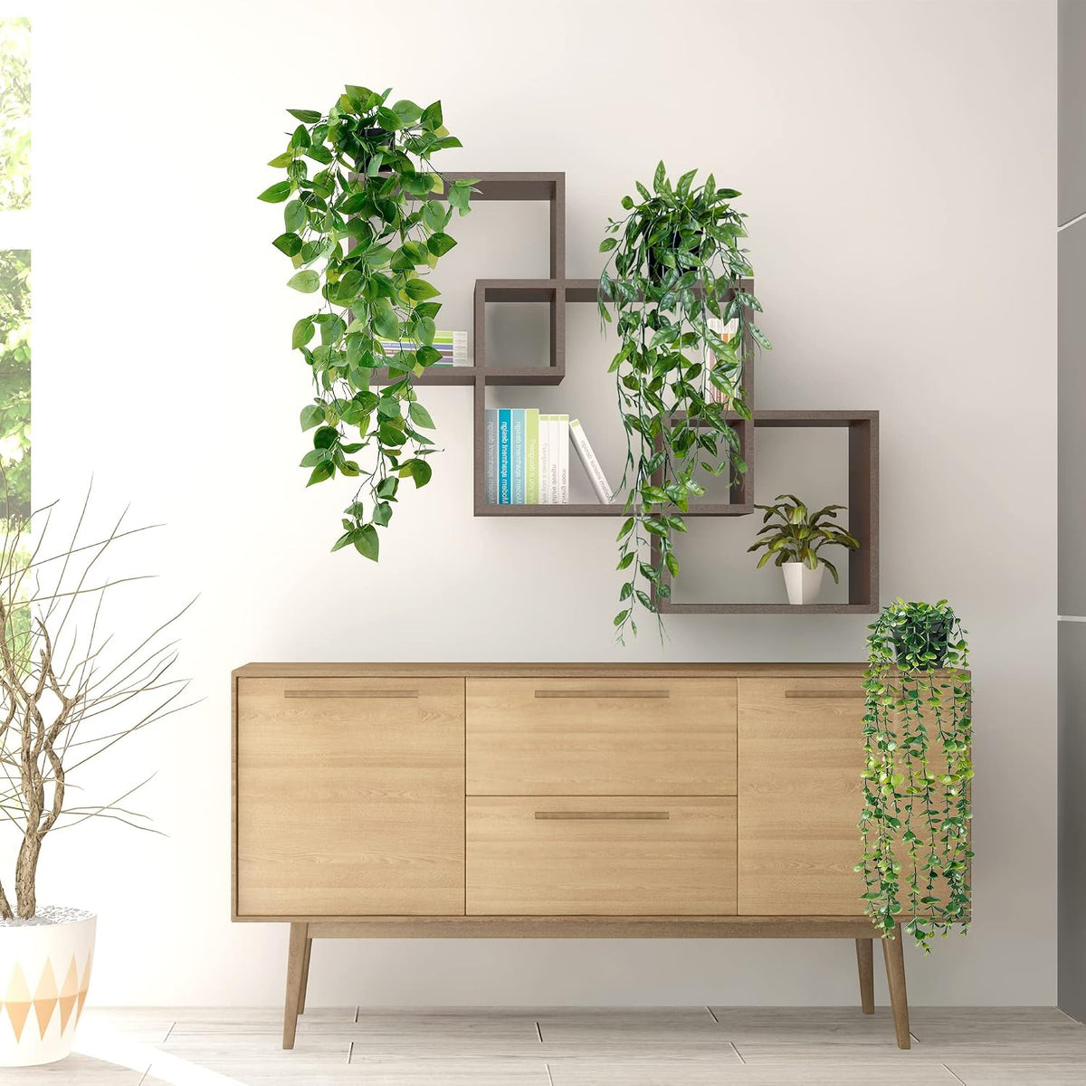 Sggvecsy Fake Hanging Plants 4 Pack Artificial Hanging Eucalyptus Plants Fake Potted Greenery Faux Eucalyptus Mandala Vine Ivy Vine Leaves Pea Pod for Home Indoor Outdoor Wall Garden Decor