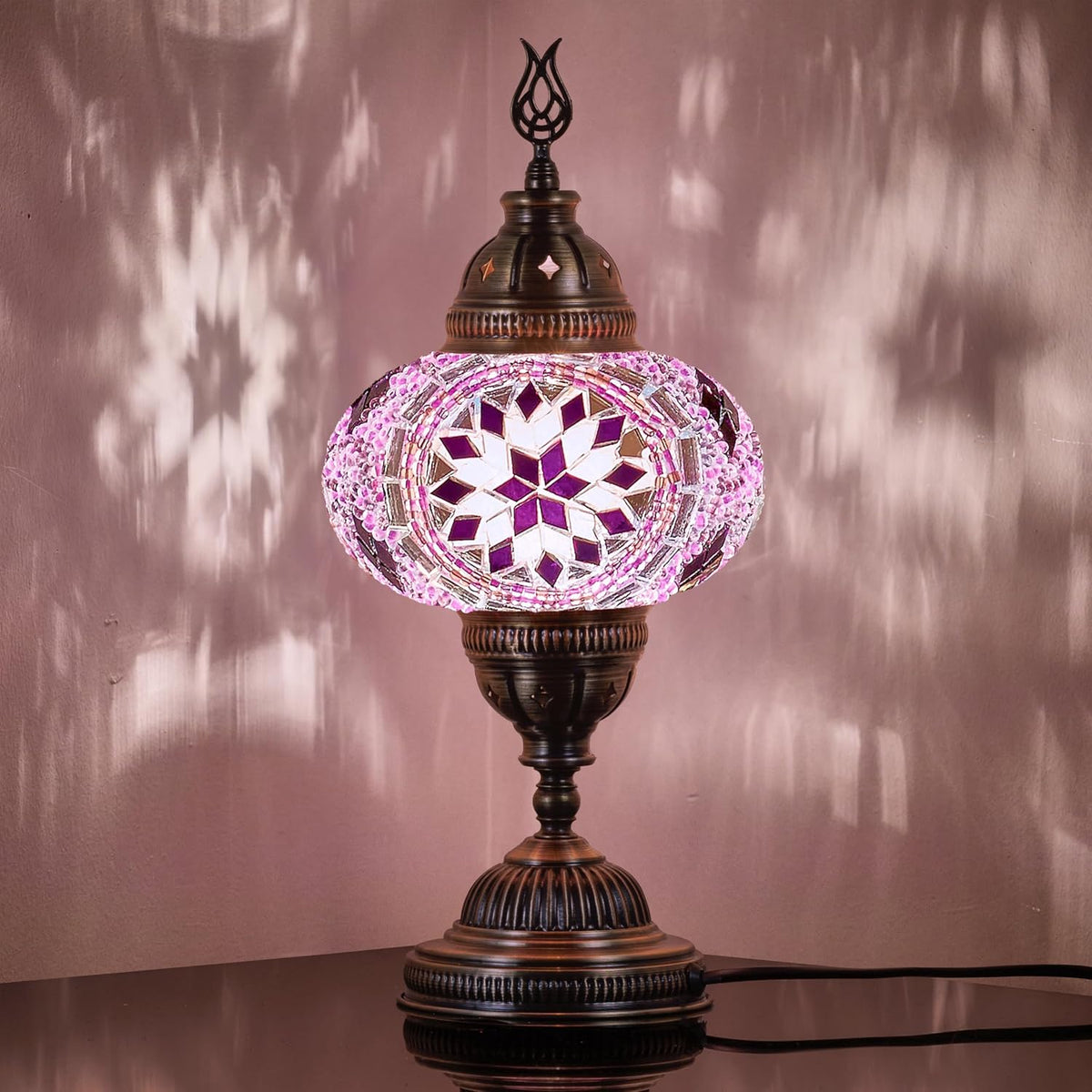 DEMMEX – 7" Large Globe Turkish Moroccan Mosaic Table Lamp, Handcrafted Tiffany-Style Colorful Glass Bedside, Desk & Table Light, Artisan Decor for Living Room or Bedroom, 14" H (Lilac)