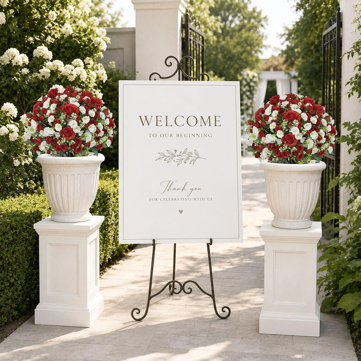 24" Artificial Potted Flowers for Outdoors, Silk Rose Faux Plants