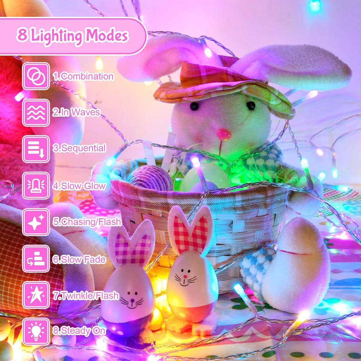 cshare Easter String Lights, Pastel Easter Lights Plug in with Timer 8 Lighting Modes 32ft 100LED Transparent Wire Fairy Lights for Easter Decorations Garland Outdoor Indoor Party