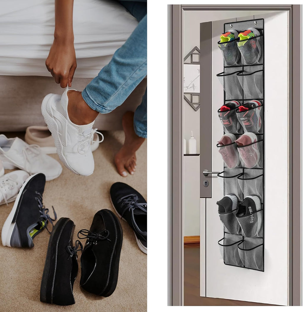 PVWSG Over The Door Shoe Organizer, 14 Large Mesh Pockets Hanging Shoe Rack for Closet Organizers and Storage, Gray, 2-pack (gray)