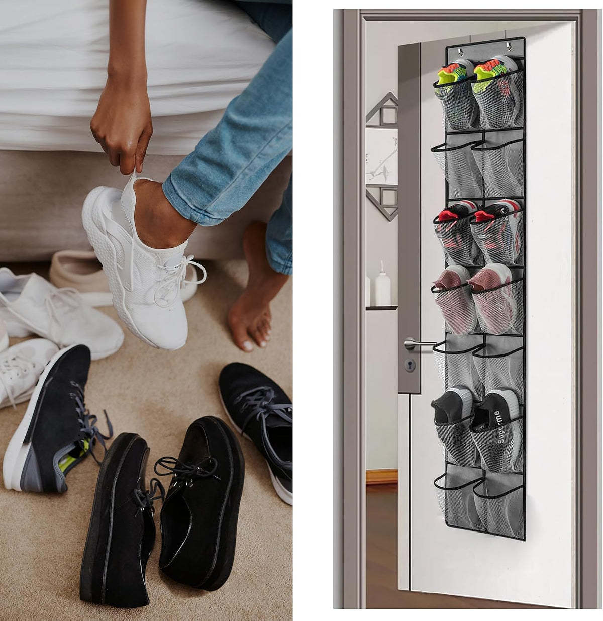 PVWSG Over The Door Shoe Organizer, 14 Large Mesh Pockets Hanging Shoe Rack for Closet Organizers and Storage, Gray, 2-pack (gray)
