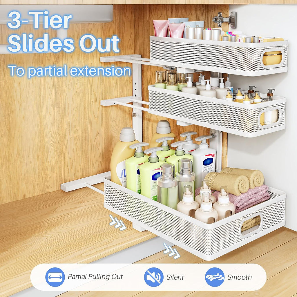 Under Sink Organizer, 3-Tier Thickened Metal Pull out Cabinet Organizer Shelf, Height Adjustable Slide out Storage Drawer Rack for Kitchen Bathroom Pantry Laundry Home Organization, 2-Pack, White