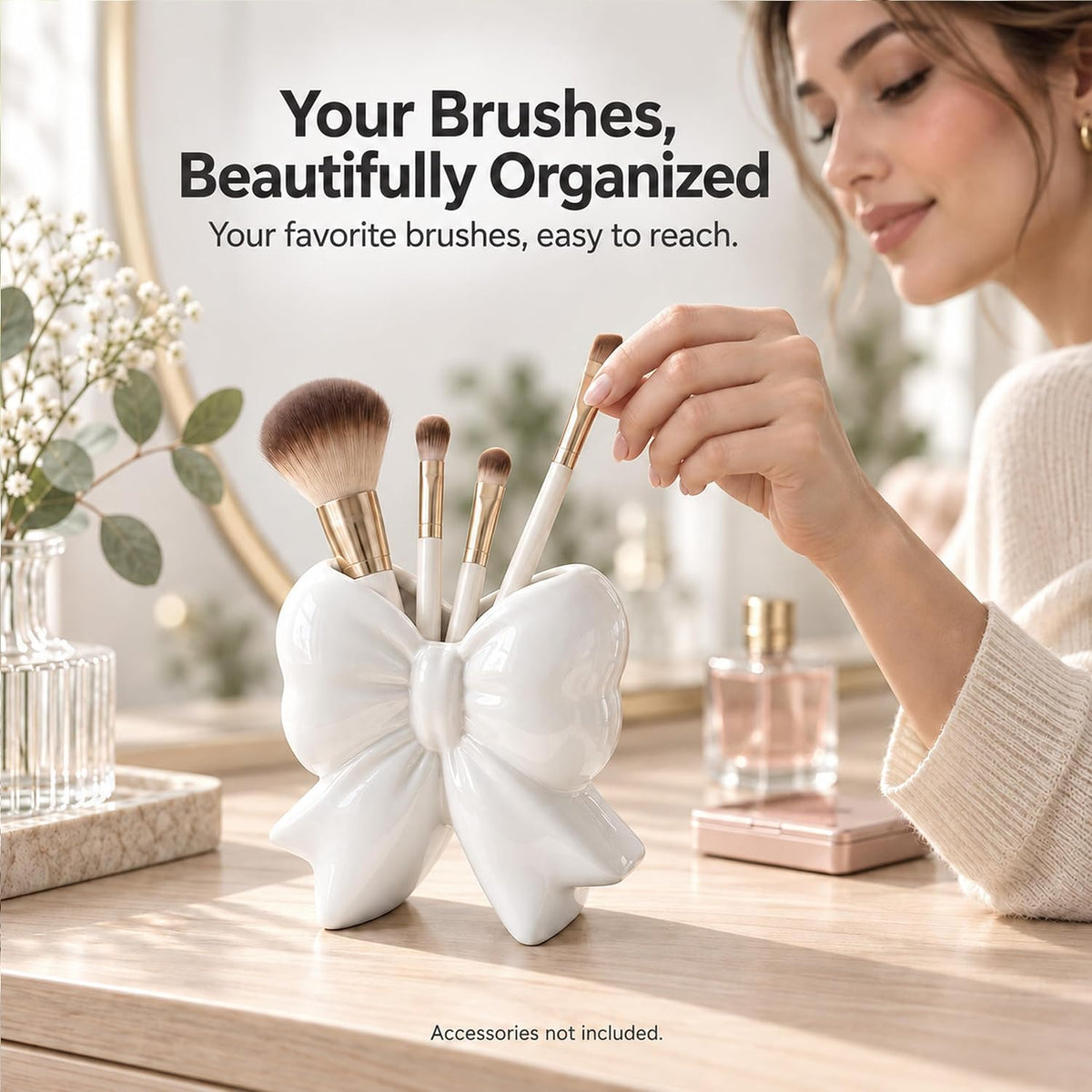 Ivory White Bow Toothbrush Holder, Ceramic Makeup Brush Holder for Vanity