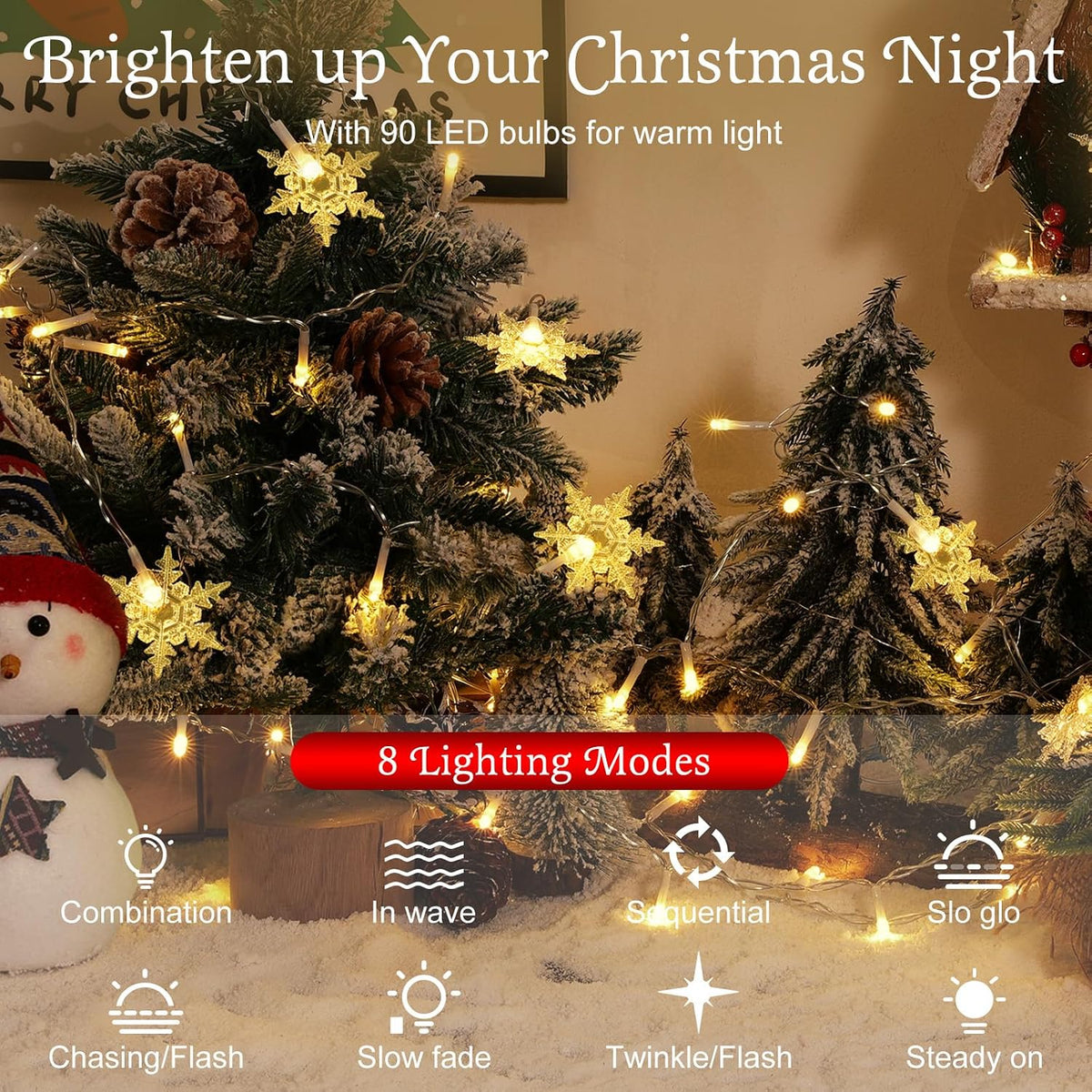 Lewondr 90 LED Christmas String Curtain Lights with 6H Timer & 8 Modes