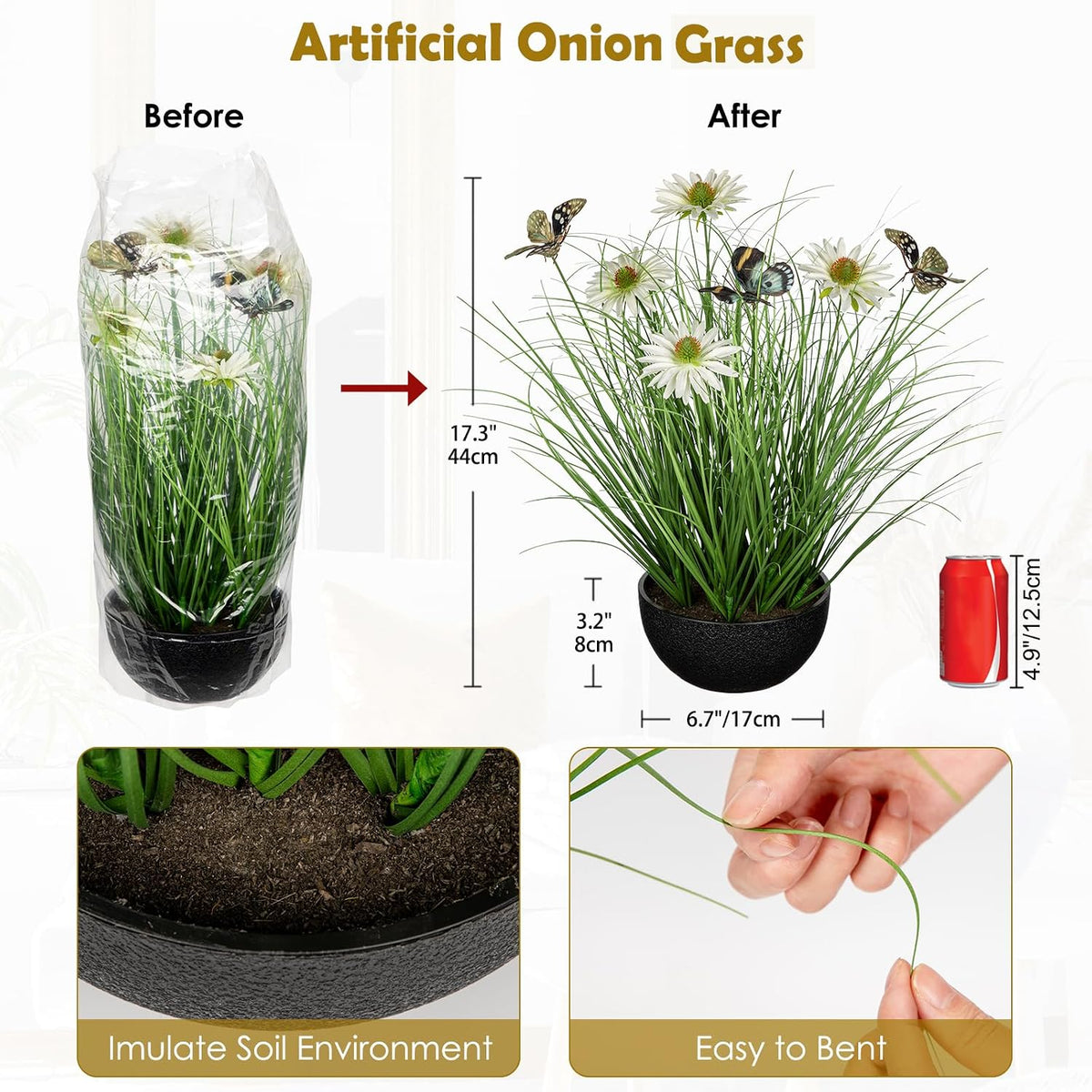 Artificial Plants Indoor with Pot, 17.3" Fake Potted Plants Artificial Onion Grass Plant with White Daisies Flowers and Butterflies Small Faux Plant Indoor for Home Living Room Table Shelf Decor