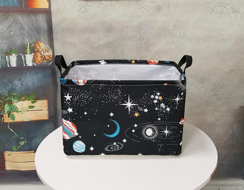 Space Storage Basket, Rectangular Cotton Linen Blend Organizer Bin with Handles, Foldable Black Galaxy Planet and Star Storage Box for Shelves, Closet, Bedroom and Dorm Room