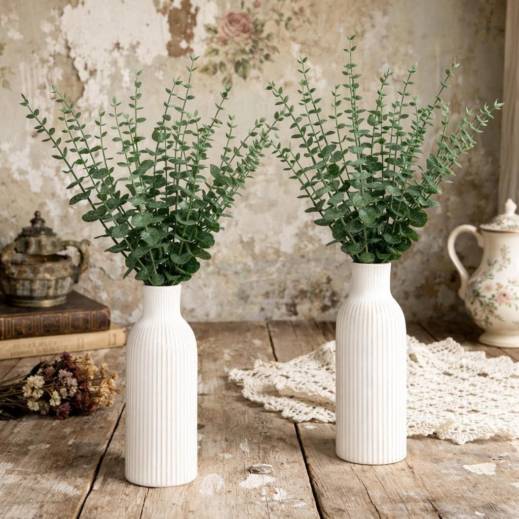 LemonRoad 2 Pack Artificial Eucalyptus Stem in Ceramic Vase 19" Fake Greenery Plants for Home Decor 40 Pcs Modern Indoor Fake Eucalyptus Stem for Table Centerpiece Living Room Bathroom
