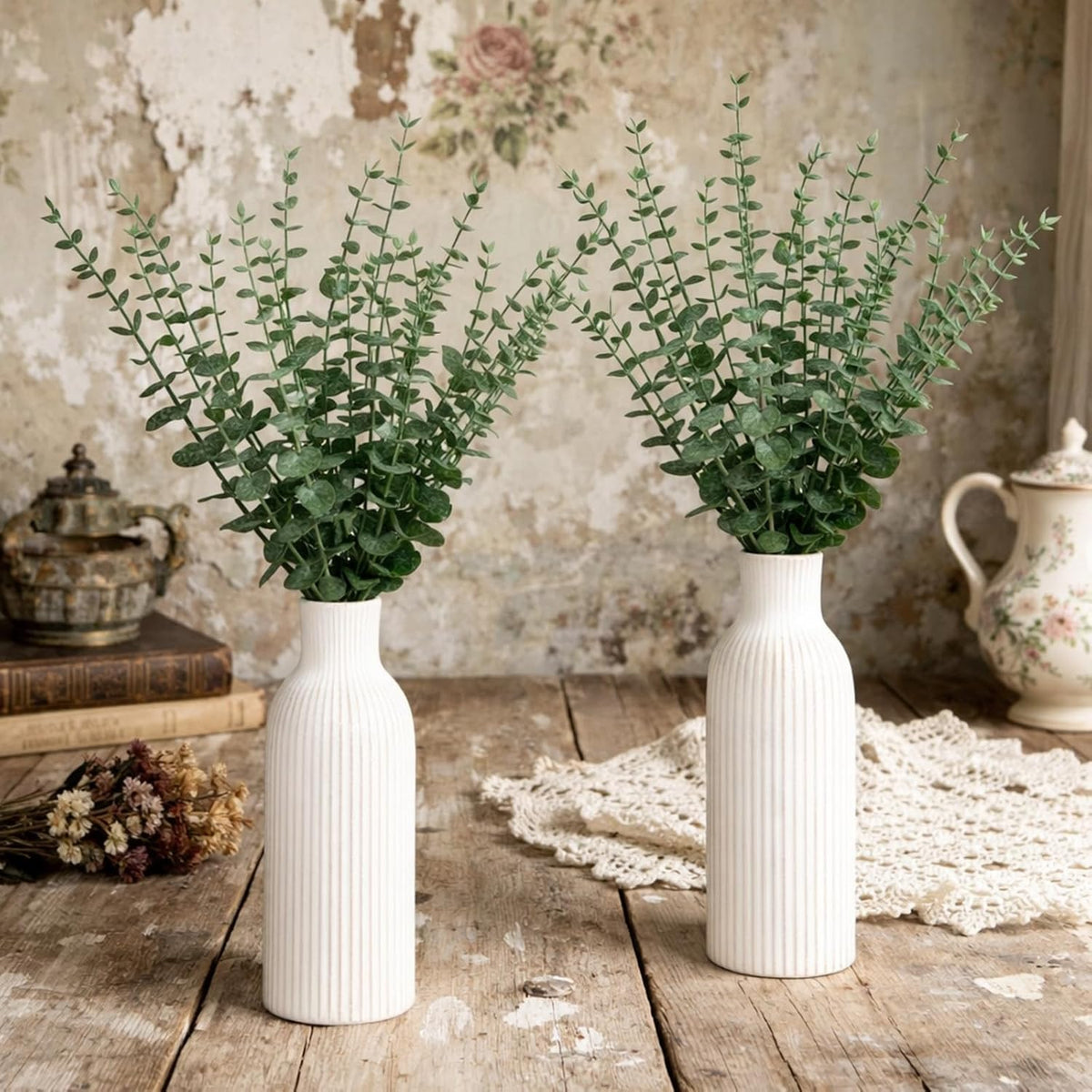 LemonRoad 2 Pack Artificial Eucalyptus Stem in Ceramic Vase 19" Fake Greenery Plants for Home Decor 40 Pcs Modern Indoor Fake Eucalyptus Stem for Table Centerpiece Living Room Bathroom