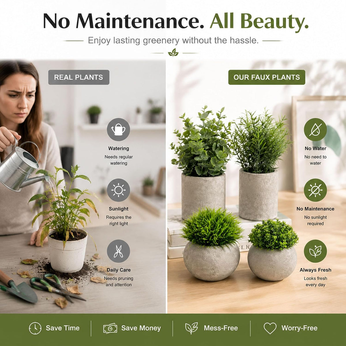 Set of 4 Small Artificial Plants in Pots, Faux Greenery Cement Desk