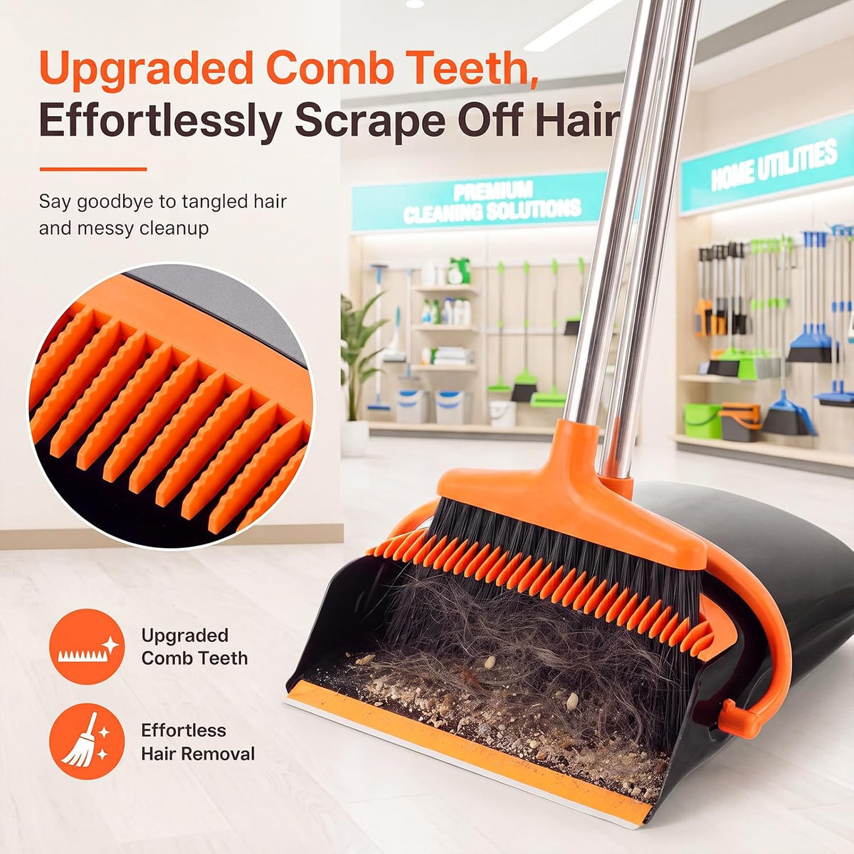 3 Pack Commercial Broom and Dustpan Set, 37.5" Long Handle Combo for Home
