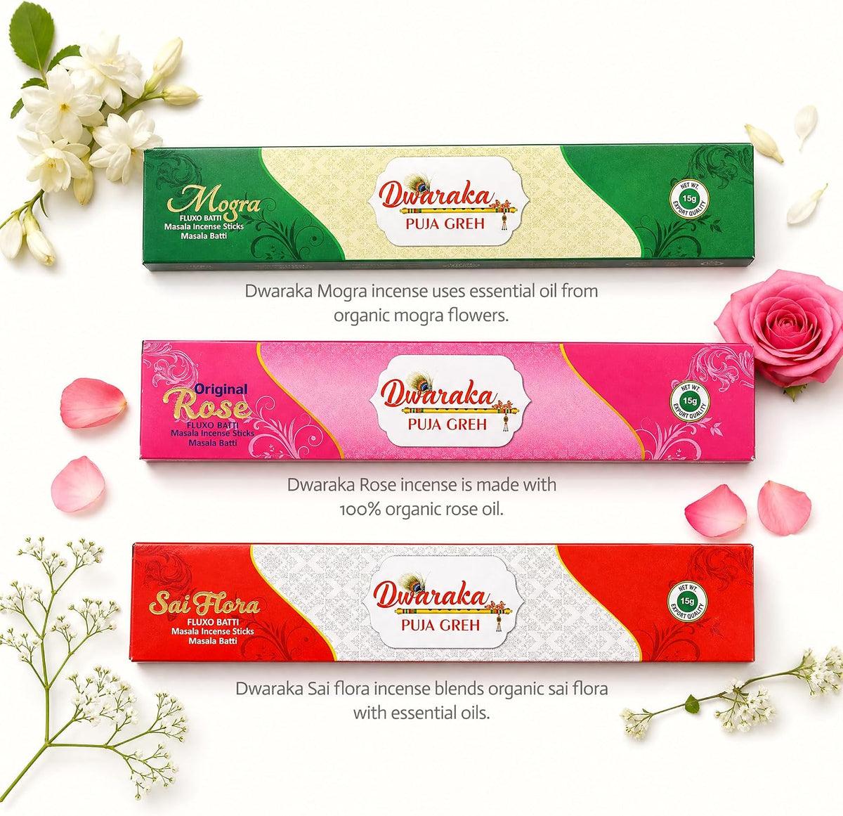 Dwaraka - Incense Sticks – 6 Packs x 10 Sticks Each – Sandalwood, Nag Champa, Jasmine, Mogra, Rose and Sai Flora – Chemical Free, All Natural