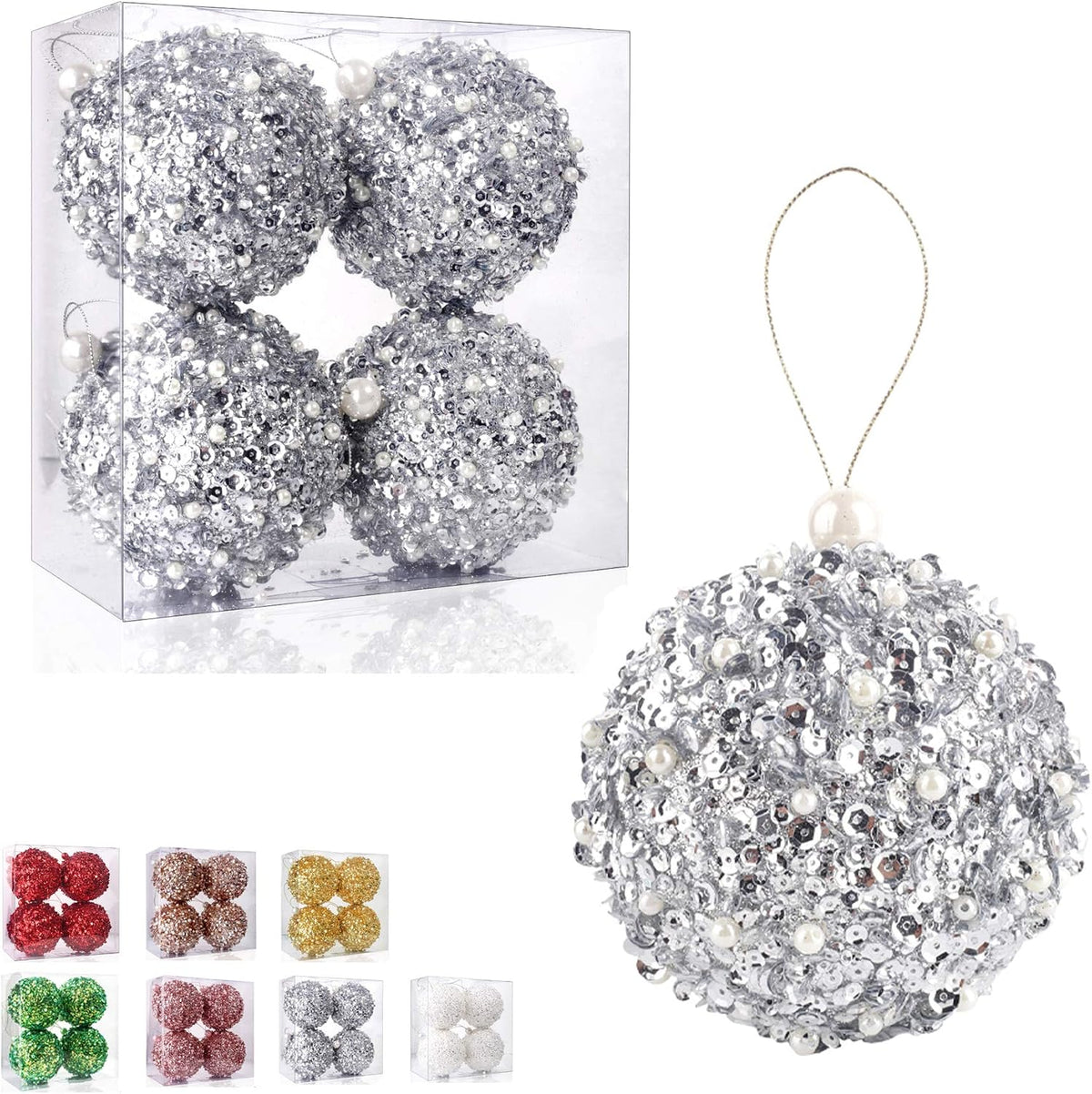4.25" Silver Shatterproof Christmas Ball Ornaments, 4pc Set for Xmas Trees and Holiday Decor