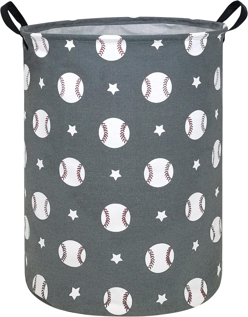 Round Fabric Collapsible Storage Basket with Handles, Grey Baseball