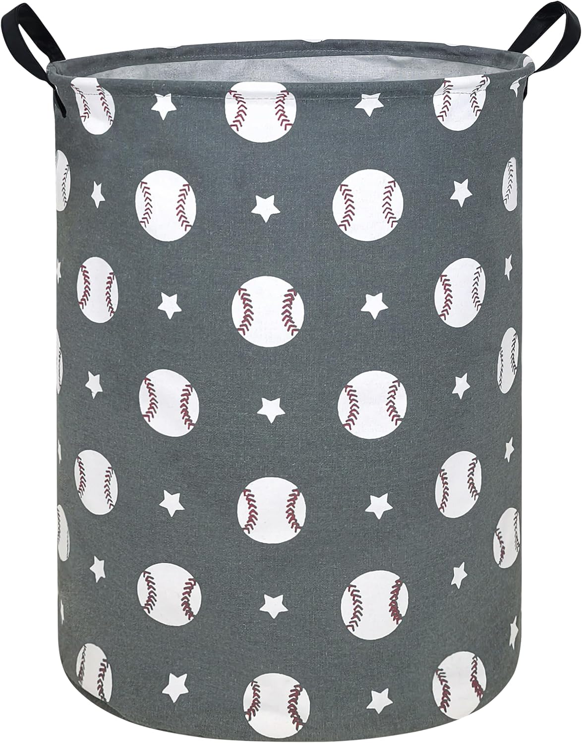 Round Fabric Collapsible Storage Basket with Handles, Grey Baseball