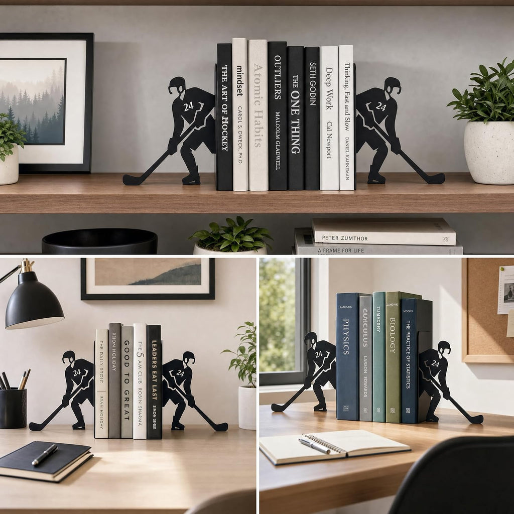 Ice Hockey Bookends, Set of 2 Black Metal Book Ends for Shelves, Laser-Cut Hockey Player Decorative Book Holders for Office Desk, Home Library and Study Room, 6.3 in Tall